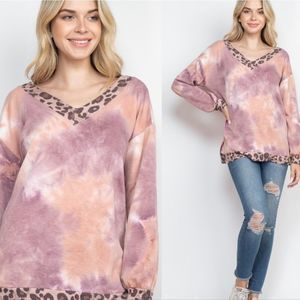 Rose And Brown Tie Dye Leopard Contrast Top